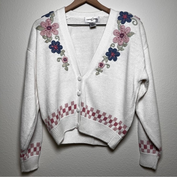 VTG 80s Women Coquette Grannycore‎ Sweater Cardigan Medium White Pink Floral - Picture 1 of 11